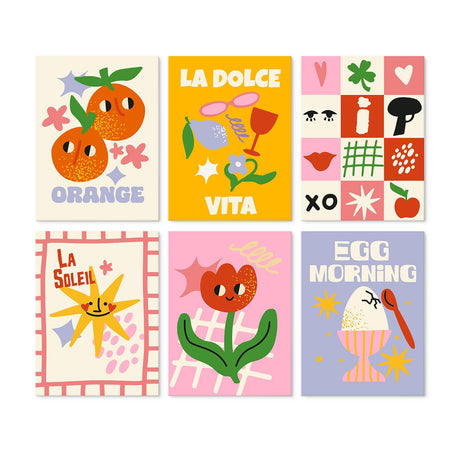 Smiling Sun and Orange Posters mini board kit – Retro posters: smiling oranges, sunglasses and cocktail, icon grid, smiling sun, red tulip, boiled egg