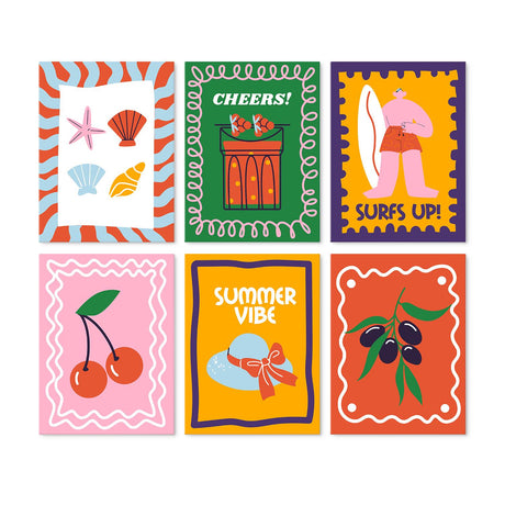 Surf's Up Summer Postcards mini board kit – Summer posters: seashells and starfish, cheers drinks, a surfer, cherries, sun hat with bow, olive branch