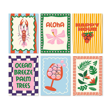 Aloha Happy Hour Prints mini board kit – Tropical posters: lobster, hibiscus with Aloha, happy hour berries, palm tree lettering, pink drink, palm leaves