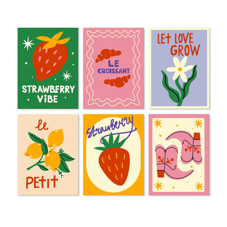 Le Croissant and Strawberries mini board kit – Retro posters: strawberries, croissants, Let Love Grow daisy, lemons, pink cowboy boots