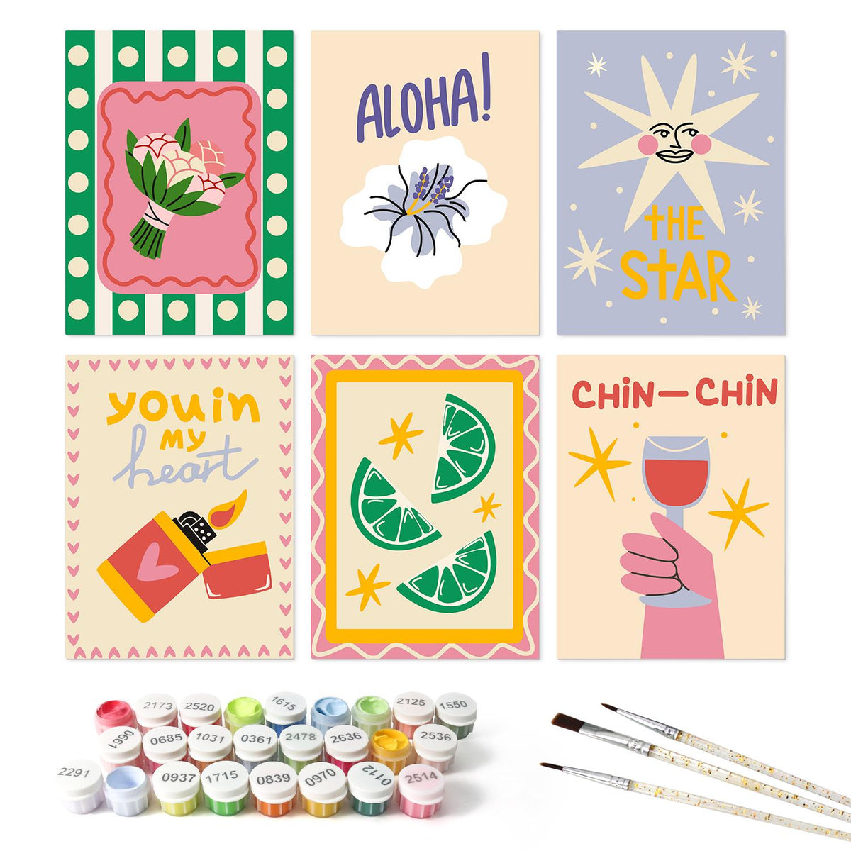 Chin-Chin Toast and Lime Slices mini board kit – the 6 designs with the paint pots and brushes