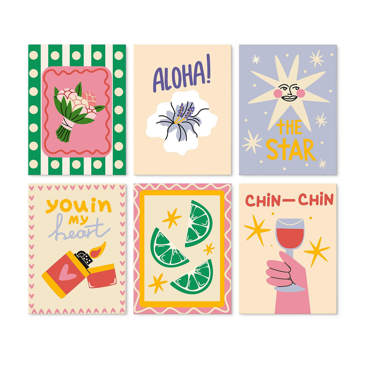Chin-Chin Toast and Lime Slices mini board kit – Retro posters: flower bouquet, Aloha flower, smiling star, You in My Heart matchbox, lime slices, hand raising wine