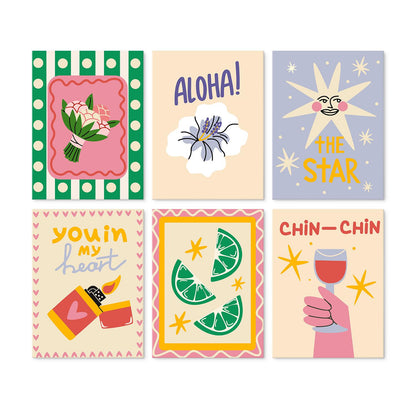 Chin-Chin Toast and Lime Slices mini board kit – Retro posters: flower bouquet, Aloha flower, smiling star, You in My Heart matchbox, lime slices, hand raising wine