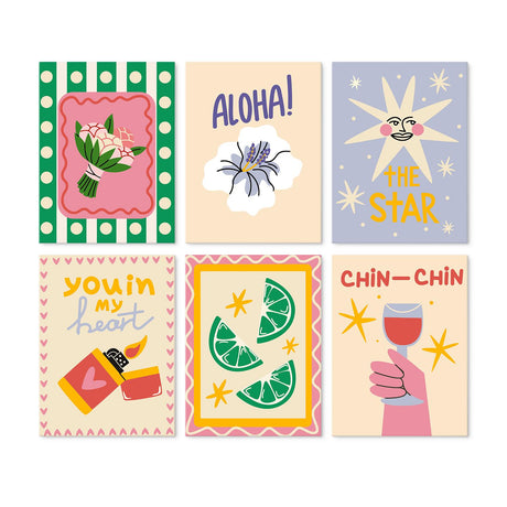 Chin-Chin Toast and Lime Slices mini board kit – Retro posters: flower bouquet, Aloha flower, smiling star, You in My Heart matchbox, lime slices, hand raising wine