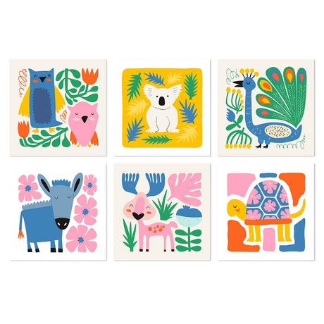 Paper-Cut Peacock and Koala mini board kit – Cutout-style owls, a koala, peacock, donkey, pink fawn and turtle among bright leaves and flowers on cream