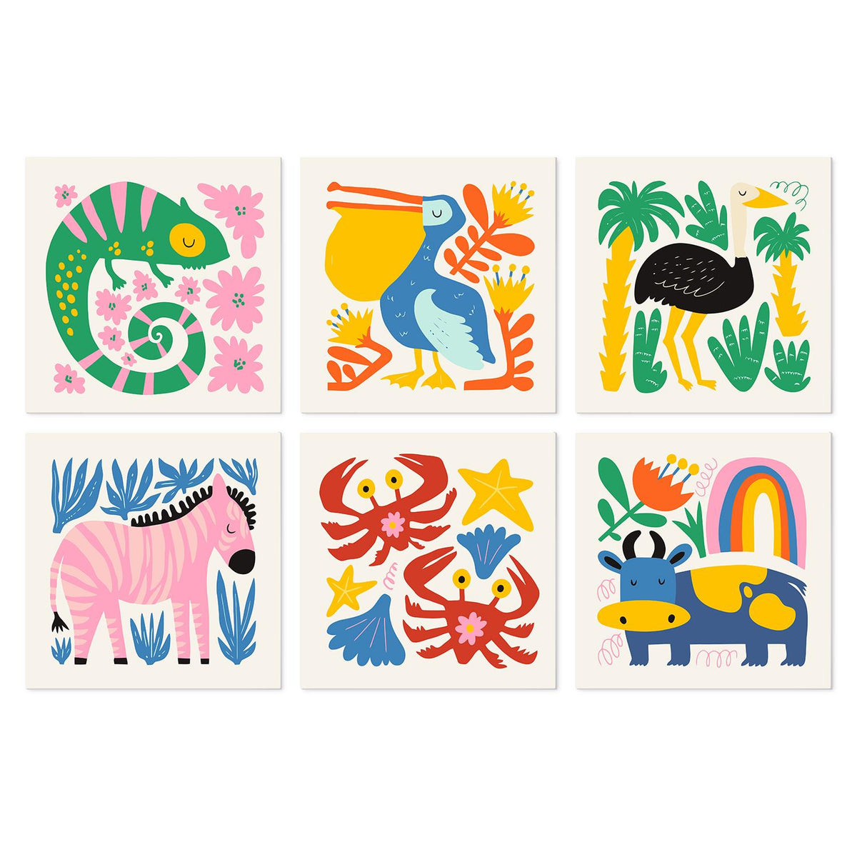 Chameleon and Pelican Cutouts mini board kit – Cutout-style chameleon, pelican, ostrich, pink zebra, crabs and a cow with a rainbow among bold leaves