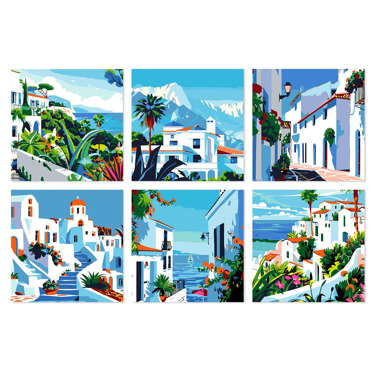 Whitewashed Lanes by the Sea mini board kit – White hillside houses, palm trees, pink flowers and stone stairs above a bright blue Mediterranean sea