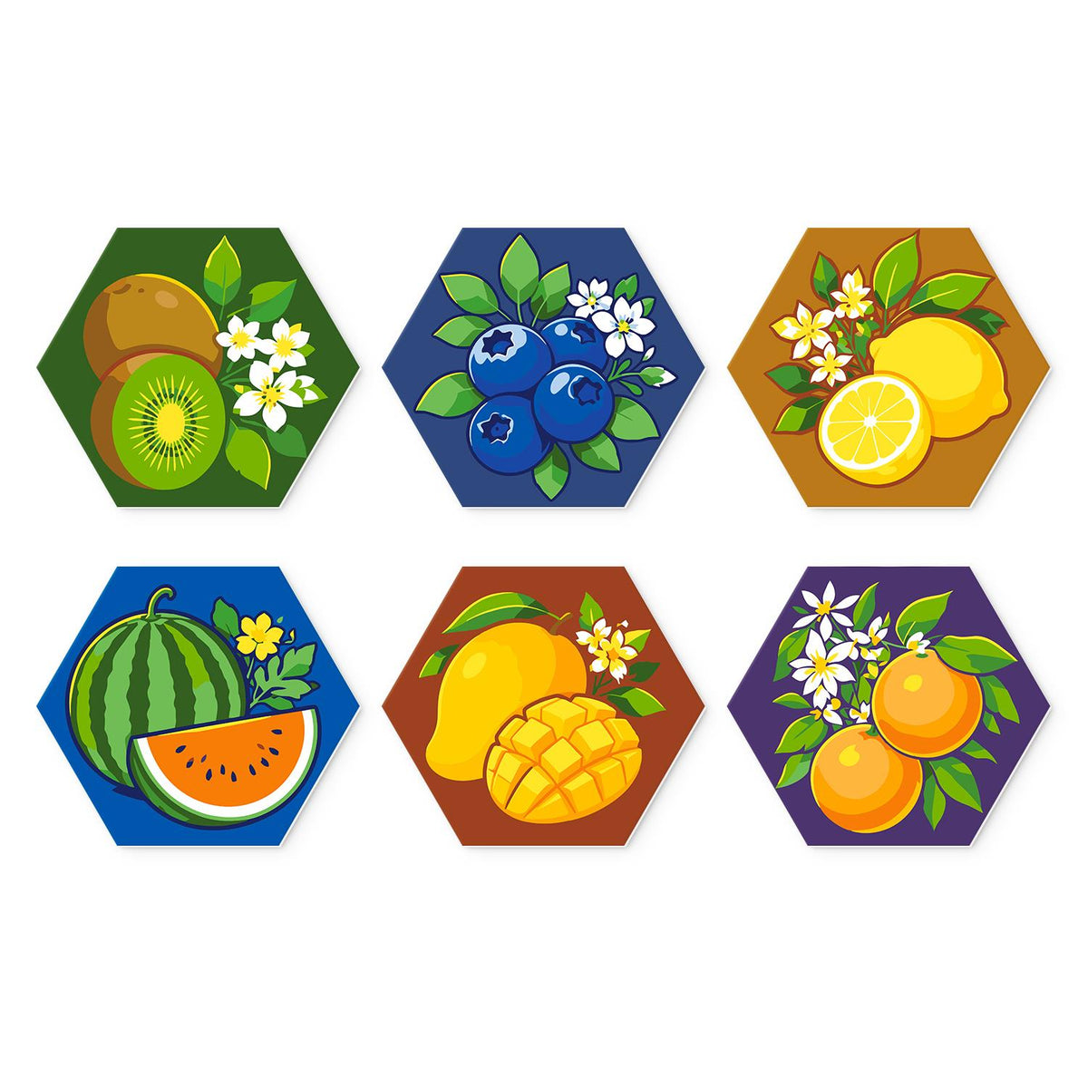 Blossoming Fruit Harvest mini board kit – Fresh fruit with white blossoms: kiwi, blueberries, lemons, watermelon slice, cut mango and oranges on bold colours