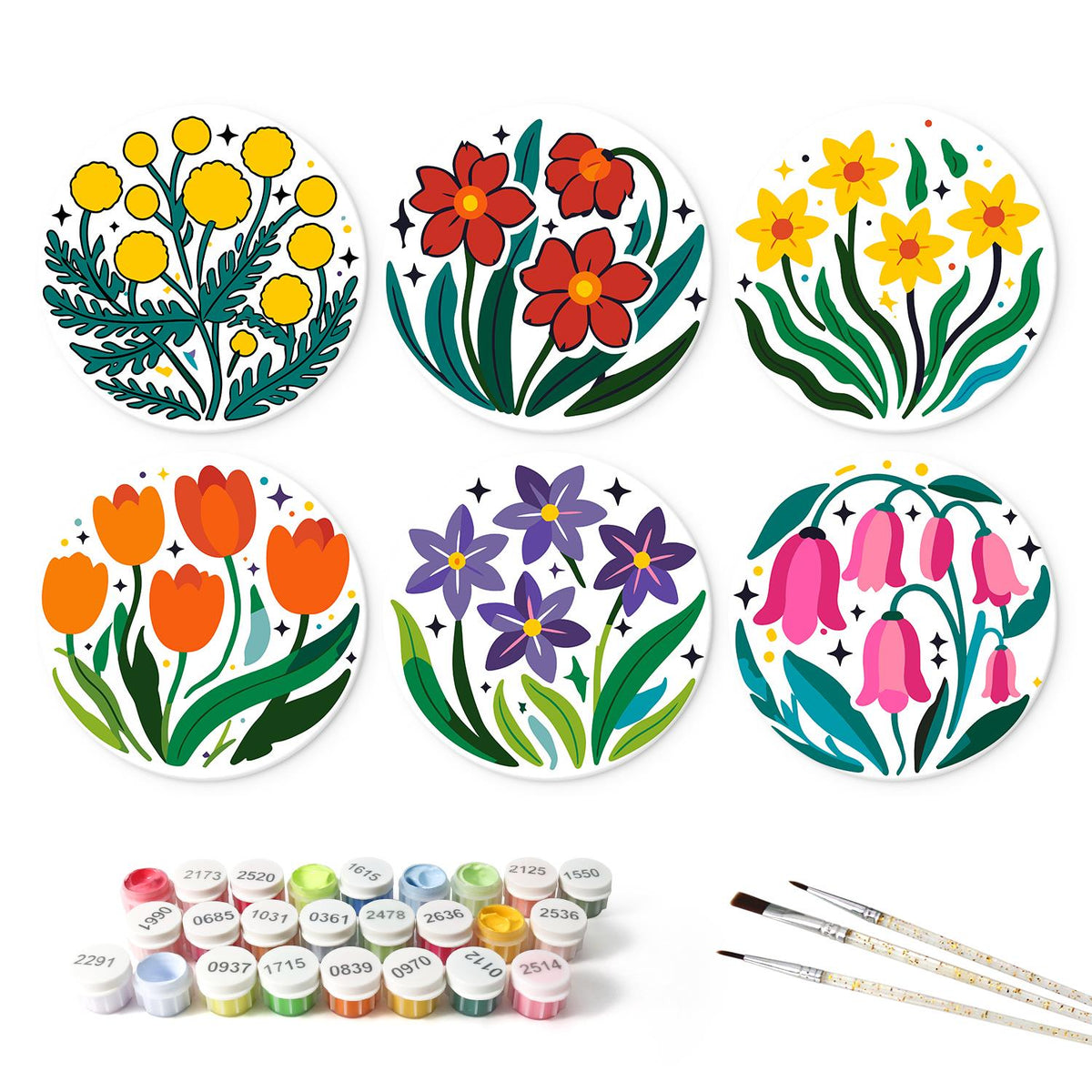Daffodils and Pink Bellflowers mini board kit – the 6 designs with the paint pots and brushes