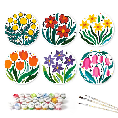 Daffodils and Pink Bellflowers mini board kit – the 6 designs with the paint pots and brushes