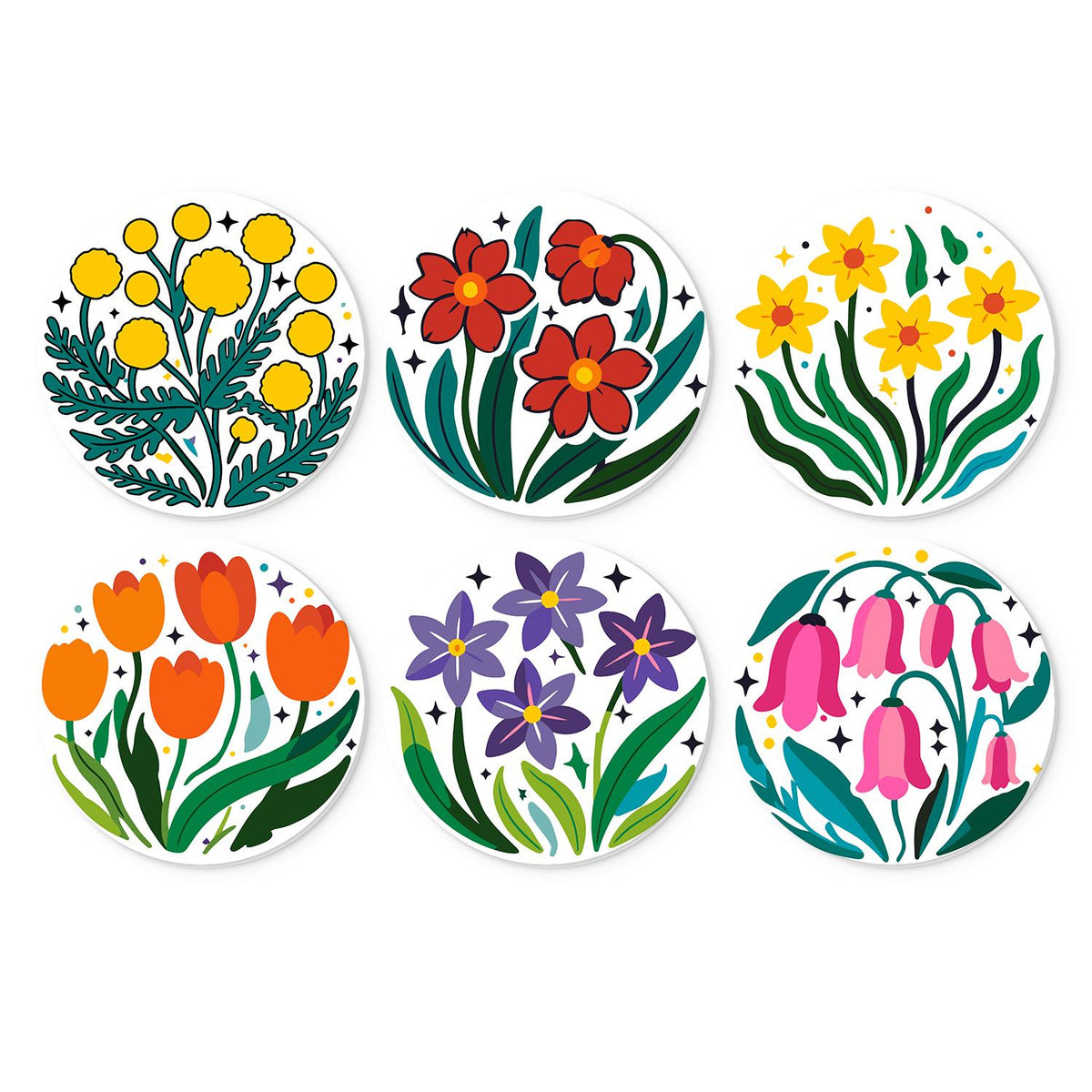 Daffodils and Pink Bellflowers mini board kit – Stylised flowers on white: yellow mimosa, red blooms, daffodils, orange tulips, purple irises and pink bellflowers