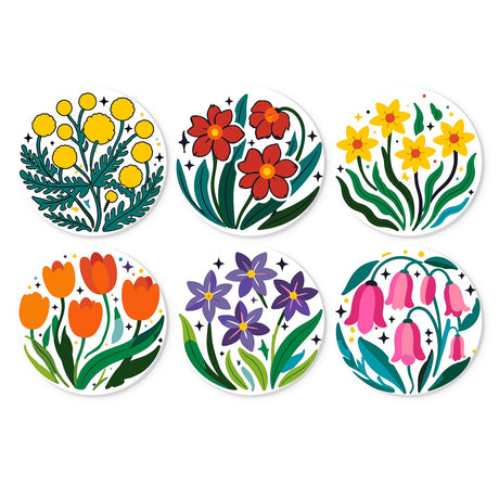 Daffodils and Pink Bellflowers mini board kit – Stylised flowers on white: yellow mimosa, red blooms, daffodils, orange tulips, purple irises and pink bellflowers