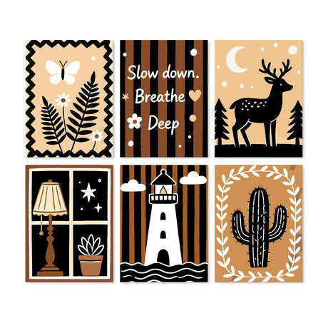Boho Deer and Lighthouse Prints mini board kit – Black and tan prints: butterfly and fern, Breathe Deep words, moonlit deer, night window, lighthouse, cactus