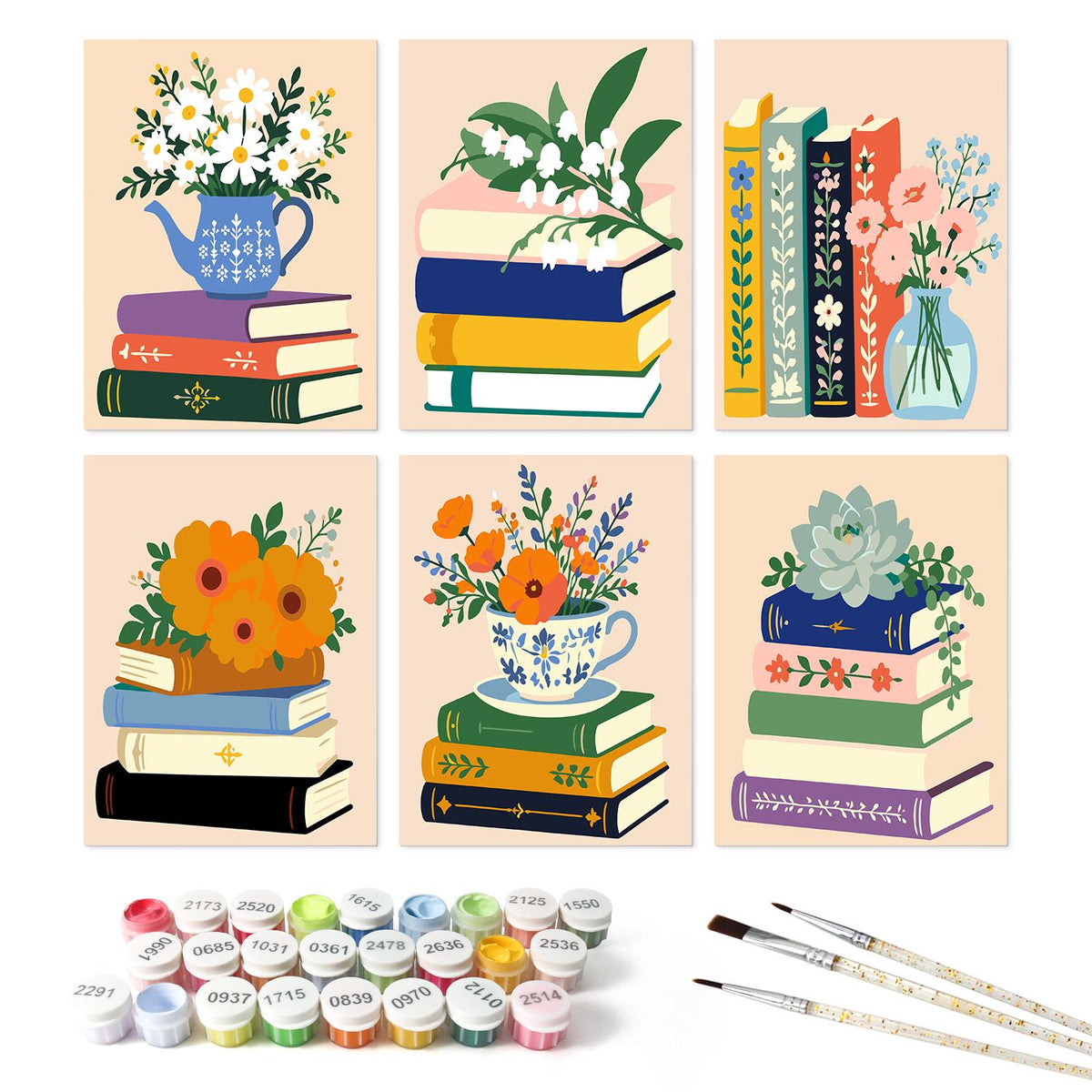Teapot Daisies on Book Stacks mini board kit – the 6 designs with the paint pots and brushes