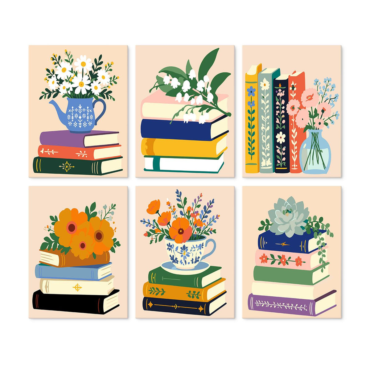 Teapot Daisies on Book Stacks mini board kit – Stacked books topped with flowers on peach: daisies in a teapot, lily of the valley, orange blooms, a succulent