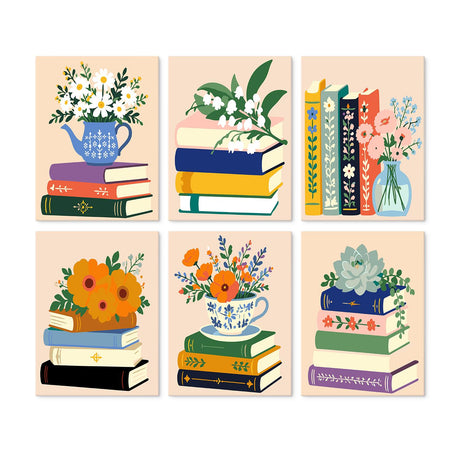 Teapot Daisies on Book Stacks mini board kit – Stacked books topped with flowers on peach: daisies in a teapot, lily of the valley, orange blooms, a succulent