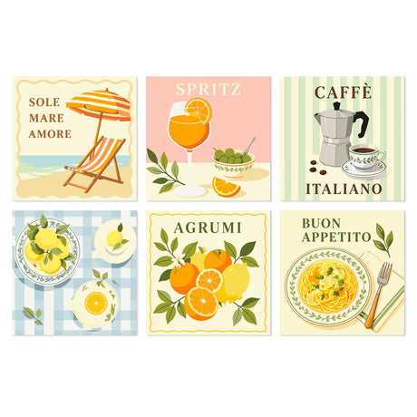 Spritz and Spaghetti Summer mini board kit – Italian summer scenes: beach chair and umbrella, orange spritz, moka pot, citrus on gingham, oranges and pasta