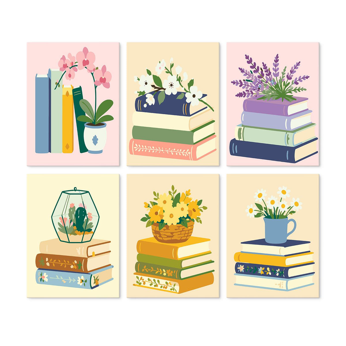 Orchids and Lavender on Books mini board kit – Book stacks with plants: pink orchid, white blossoms, lavender, a terrarium, yellow flowers, daisies in a mug