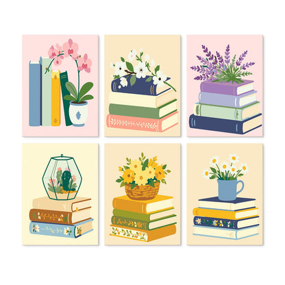 Orchids and Lavender on Books mini board kit – Book stacks with plants: pink orchid, white blossoms, lavender, a terrarium, yellow flowers, daisies in a mug