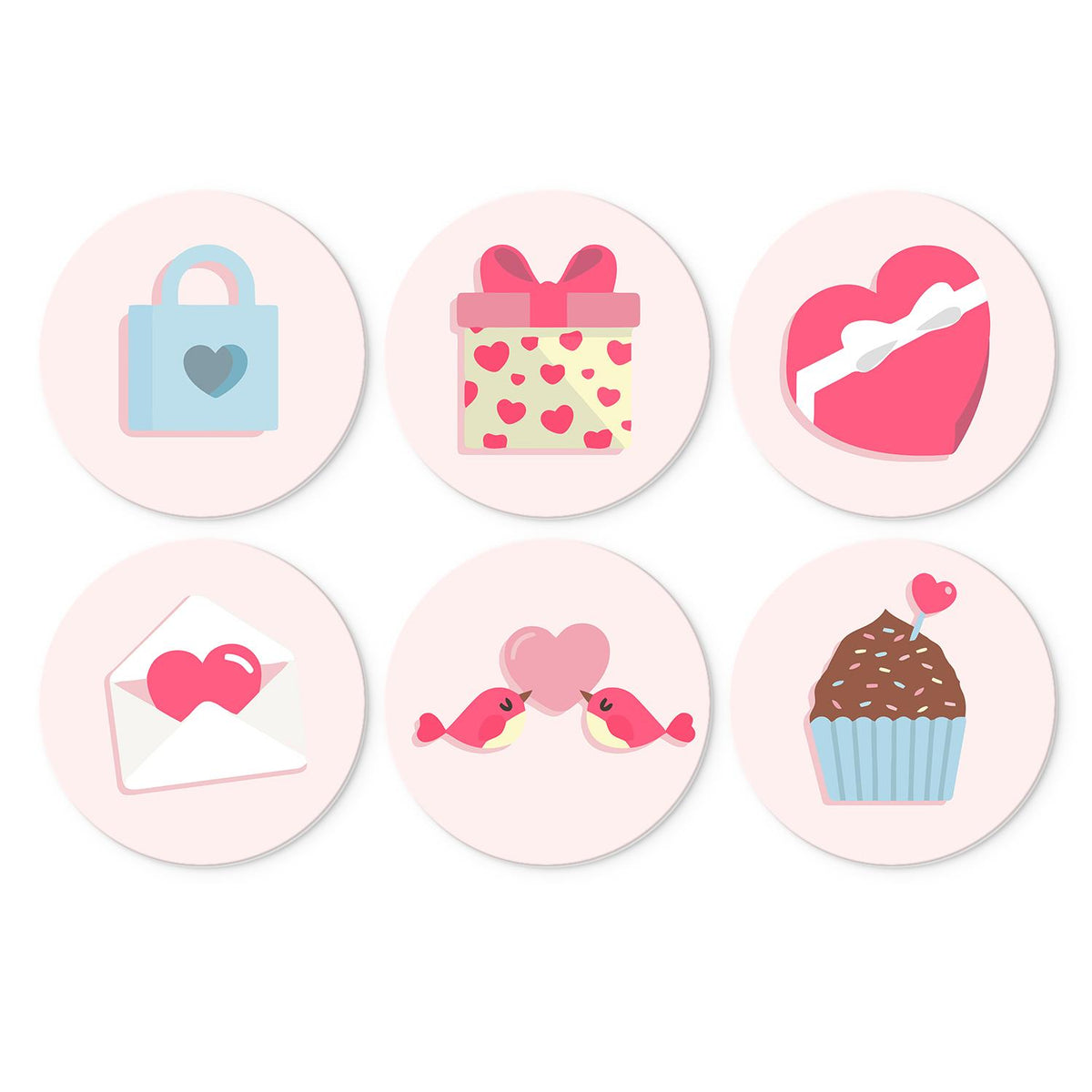 Lovebirds and Love Letters mini board kit – Valentine sweets in pink: heart padlock, gift box, heart-shaped box, love letter, two lovebirds and a cupcake