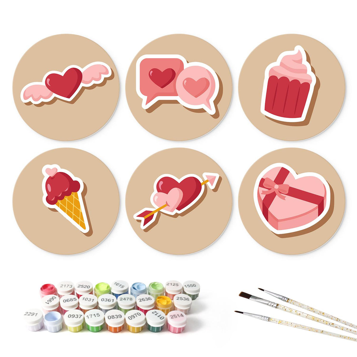 Winged Hearts and Sweet Treats mini board kit – the 6 designs with the paint pots and brushes