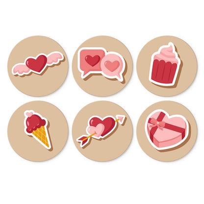 Winged Hearts and Sweet Treats mini board kit – Valentine motifs on caramel: winged heart, heart speech bubbles, cupcake, ice cream, heart with arrow, heart box