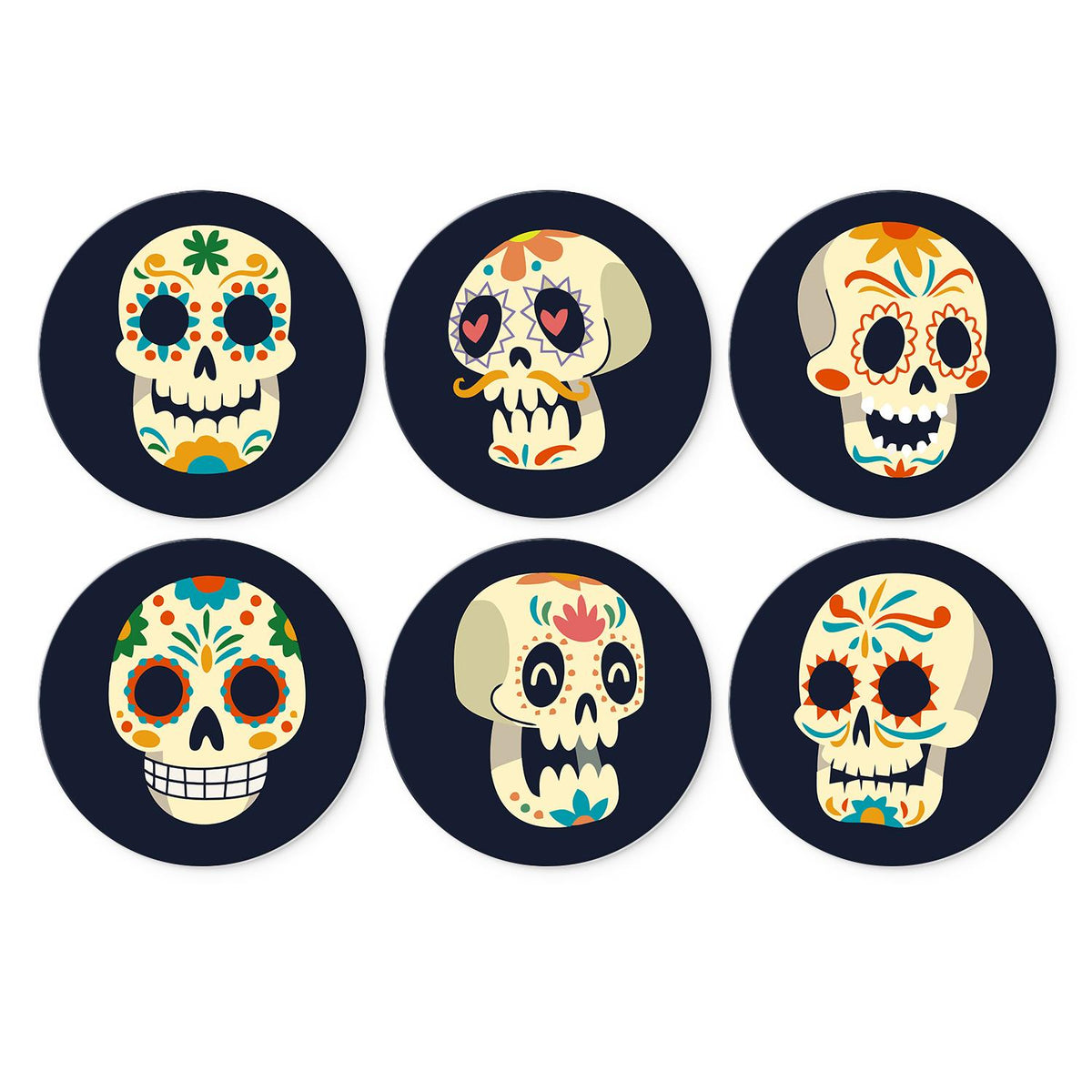 Day of the Dead Calaveras mini board kit – Six colourful sugar skulls with floral patterns and heart eyes on a dark navy background