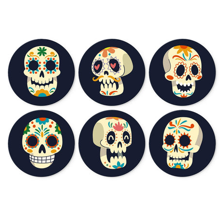 Day of the Dead Calaveras mini board kit – Six colourful sugar skulls with floral patterns and heart eyes on a dark navy background