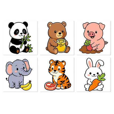 Baby Animals with Snacks mini board kit – Cartoon panda with bamboo, bear with honey, pig, elephant with banana, tiger with steak and bunny with carrot