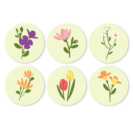 Pale Lime Wildflower Stems mini board kit – Single flower stems on pale lime: purple violets, pink tulip, white sprig, orange lilies, tulips and yellow lilies