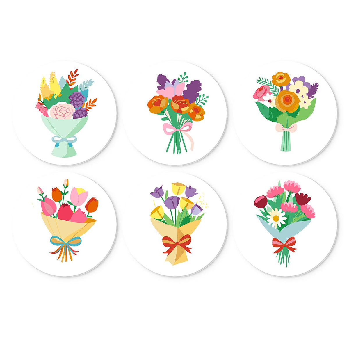 Ribbon-Tied Flower Bouquets mini board kit – Six wrapped flower bouquets tied with ribbon: roses, tulips, daisies and mixed spring blooms