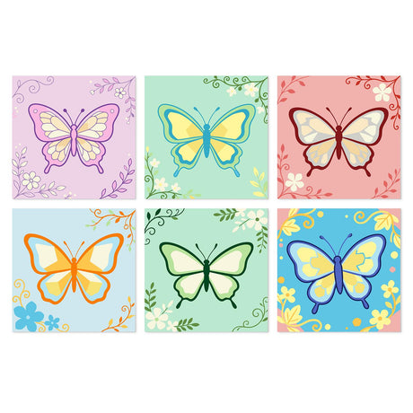 Butterflies in Vine Frames mini board kit – Colorful butterflies framed by flowers and vines on pastel pink, mint, blue and coral backgrounds
