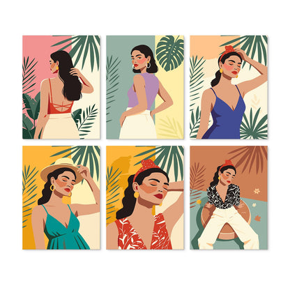 Tropical Leaf Fashion Muses mini board kit – Stylish women in summer outfits posed among palm and monstera leaves, one in a sun hat and one in a leopard top