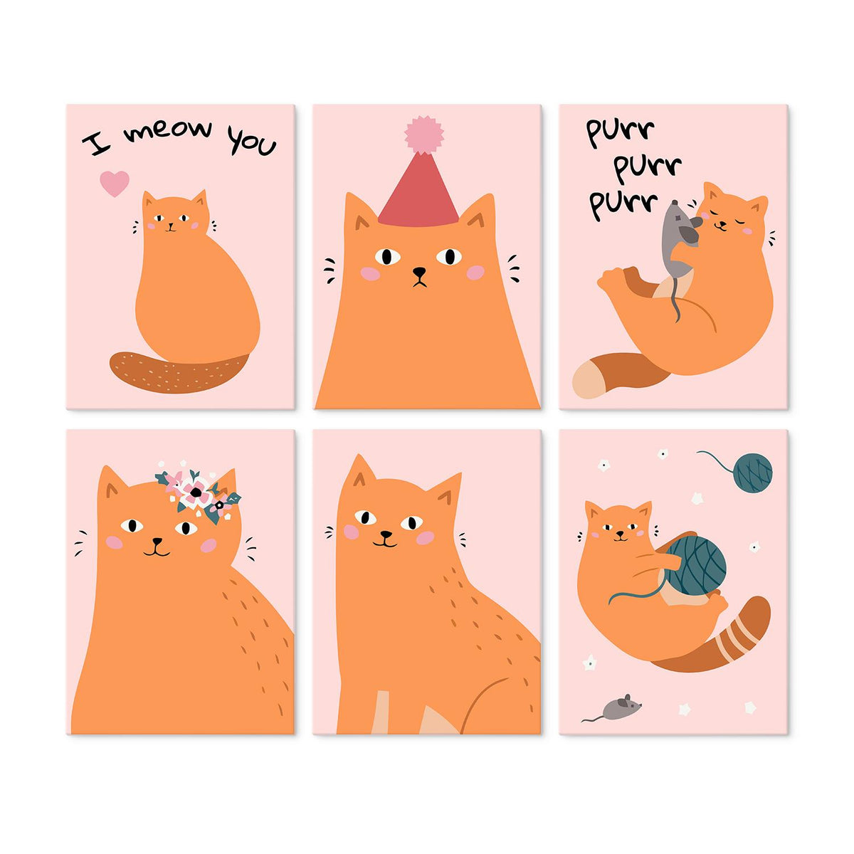 I Meow You Ginger Cats mini board kit – Cartoon orange cats on pink: I meow you, party hat, purring with a mouse, flower crown, smiling, playing with yarn