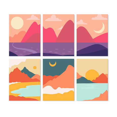 Coral Mountain Sunsets mini board kit – Abstract mountain landscapes in pink, coral and orange with sun, crescent moon, sea and turquoise lakes