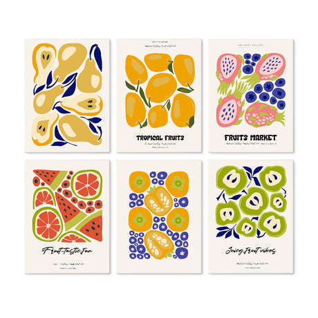 Dragon Fruit Market Posters mini board kit – Fruit pattern posters: pears, lemons, dragon fruit, watermelon slices, oranges with blueberries and green apples