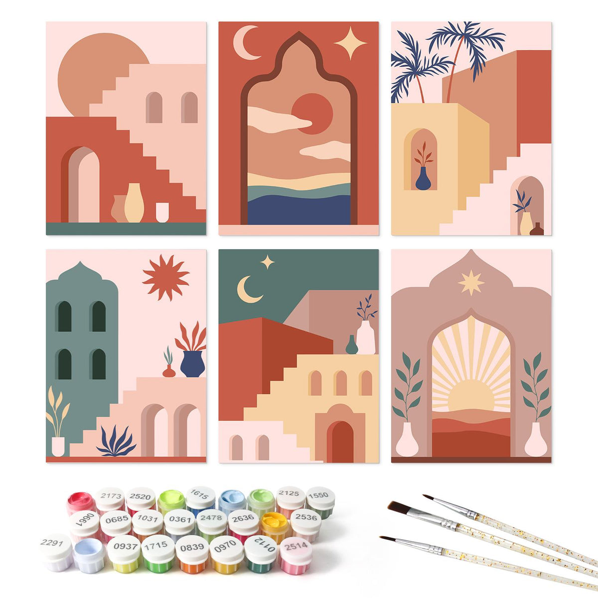 Terracotta Arches and Stairways mini board kit – the 6 designs with the paint pots and brushes