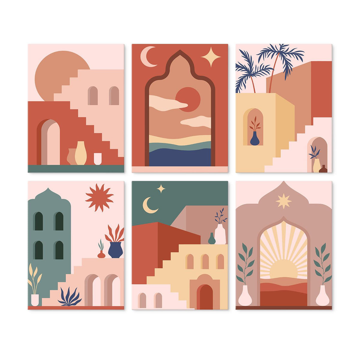 Terracotta Arches and Stairways mini board kit – Terracotta and pink desert buildings: staircases, arches, palms, a crescent moon and sunrise through an arch