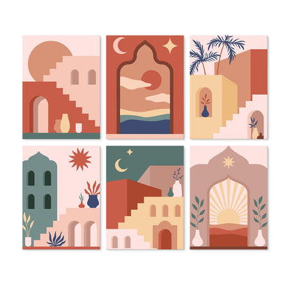 Terracotta Arches and Stairways mini board kit – Terracotta and pink desert buildings: staircases, arches, palms, a crescent moon and sunrise through an arch