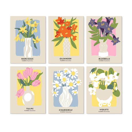 Flower Market Vase Posters mini board kit – Flowers in vases with labels: narcissus, oleander, bluebells, tulips, chamomile and violets
