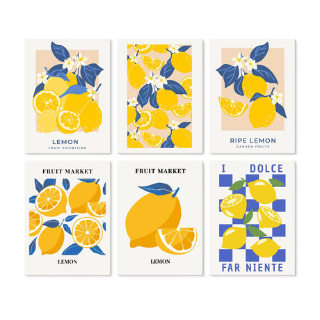 Blue-Leaf Lemon Grove Prints mini board kit – Lemons with blue leaves: branches, a lemon pattern, oranges, a halved lemon and lemons on blue checks