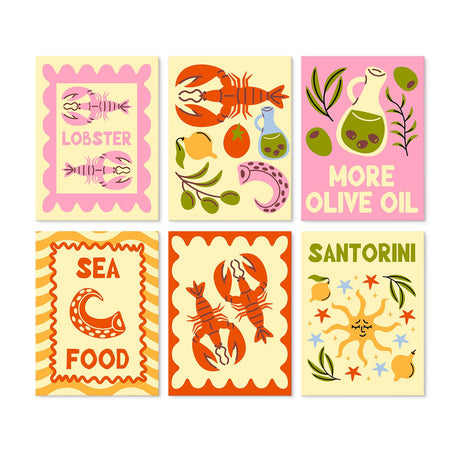 Lobster and Olive Oil Posters mini board kit – Seafood posters: lobsters, olives, an olive oil bottle, octopus Sea Food lettering, smiling sun with lemons