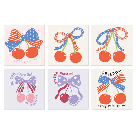 Star-Spangled Cherry Bows mini board kit – Red and purple cherry pairs tied with star-spangled and striped bows, some with cheerful slogans