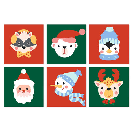 Red and Green Holiday Faces mini board kit – Faces of a raccoon in earmuffs, polar bear in a Santa hat, penguin, Santa, snowman and reindeer on red and green