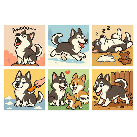 Howling Husky Pup Days mini board kit – Cartoon huskies howling, running in snow, napping with a teddy, being brushed, with a corgi pal and digging