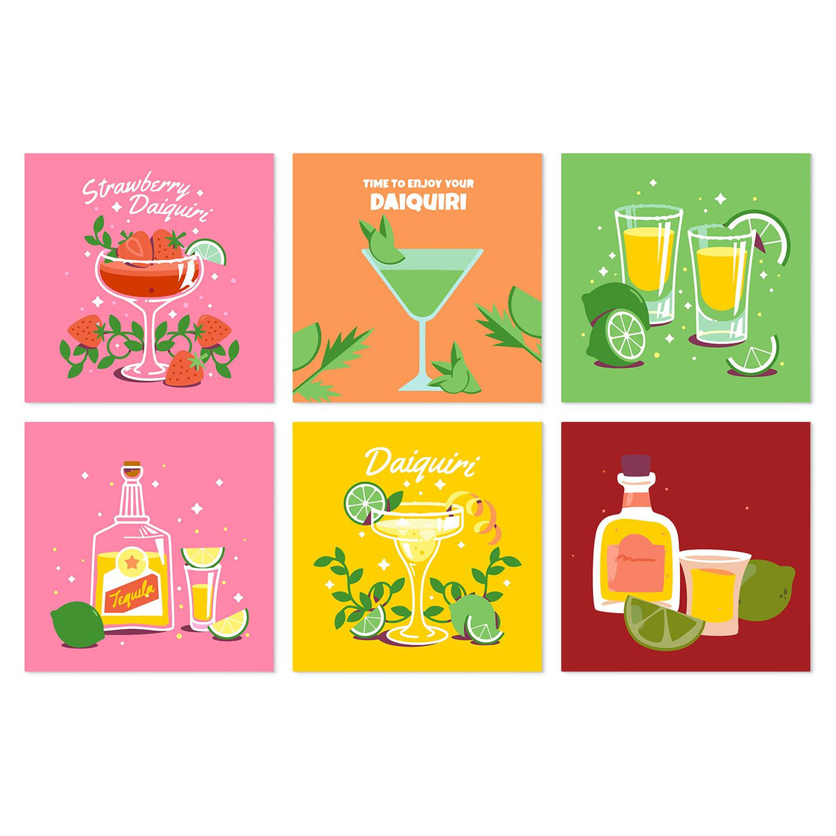 Daiquiri and Tequila Happy Hour mini board kit – Strawberry and lime daiquiris, tequila shots with lime wedges and a tequila bottle on bright backgrounds