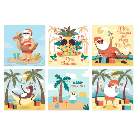 Santa's Beach Holiday mini board kit – Santa on a flamingo float and sunbathing, a pineapple with lights, a reindeer in a hammock and a beach snowman