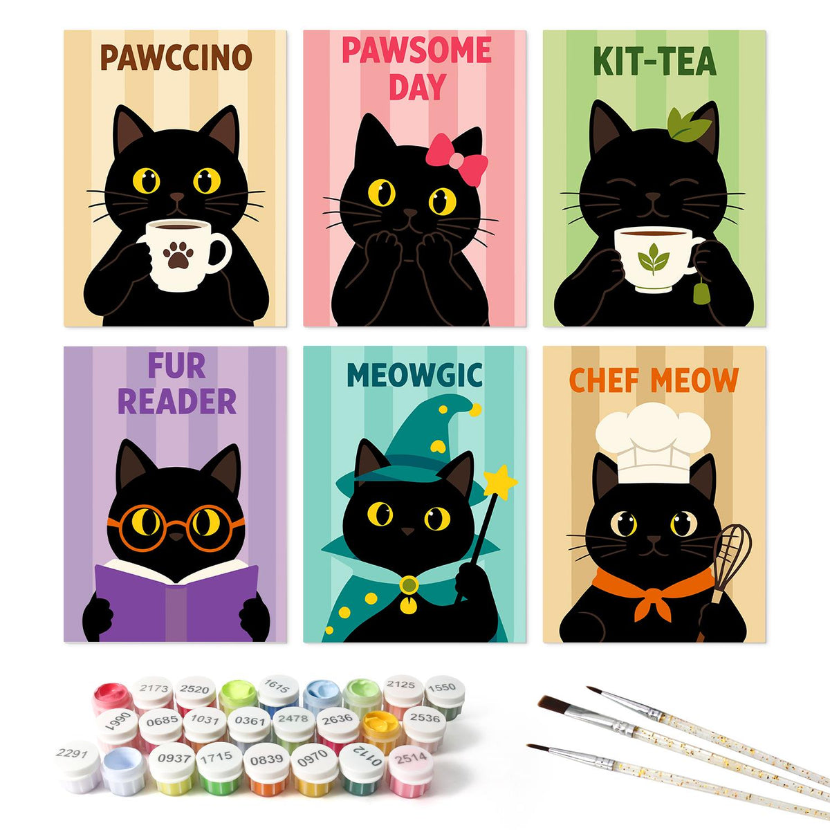 Pawccino Black Cat Puns mini board kit – the 6 designs with the paint pots and brushes