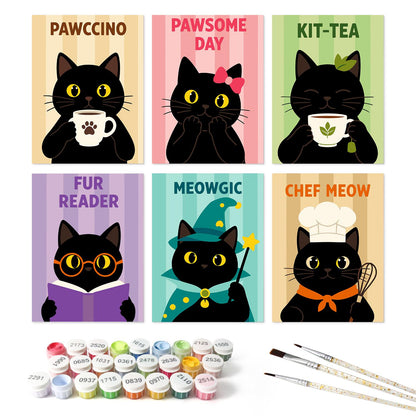 Pawccino Black Cat Puns mini board kit – the 6 designs with the paint pots and brushes