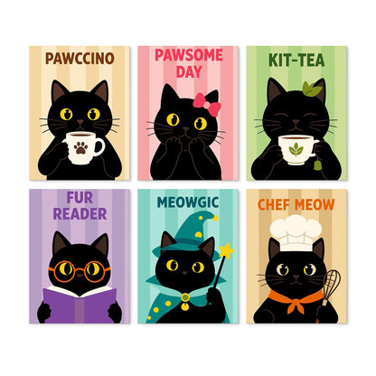 Pawccino Black Cat Puns mini board kit – Black cats with pun titles: with coffee, a pink bow, tea, reading in glasses, in a wizard hat, in a chef's hat
